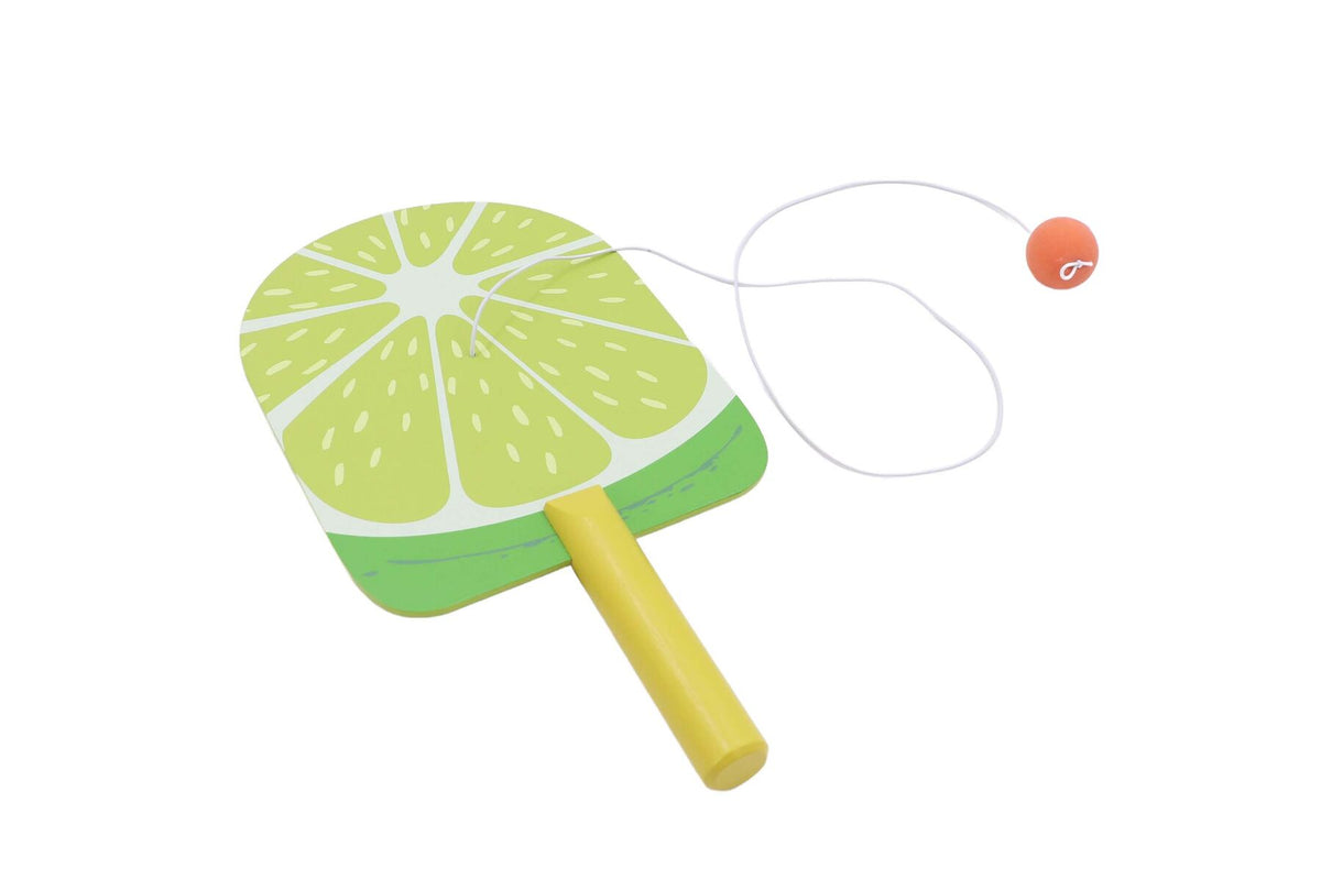 WOODEN TROPICAL FRUIT PADDLE BALL GAME SET OF 3