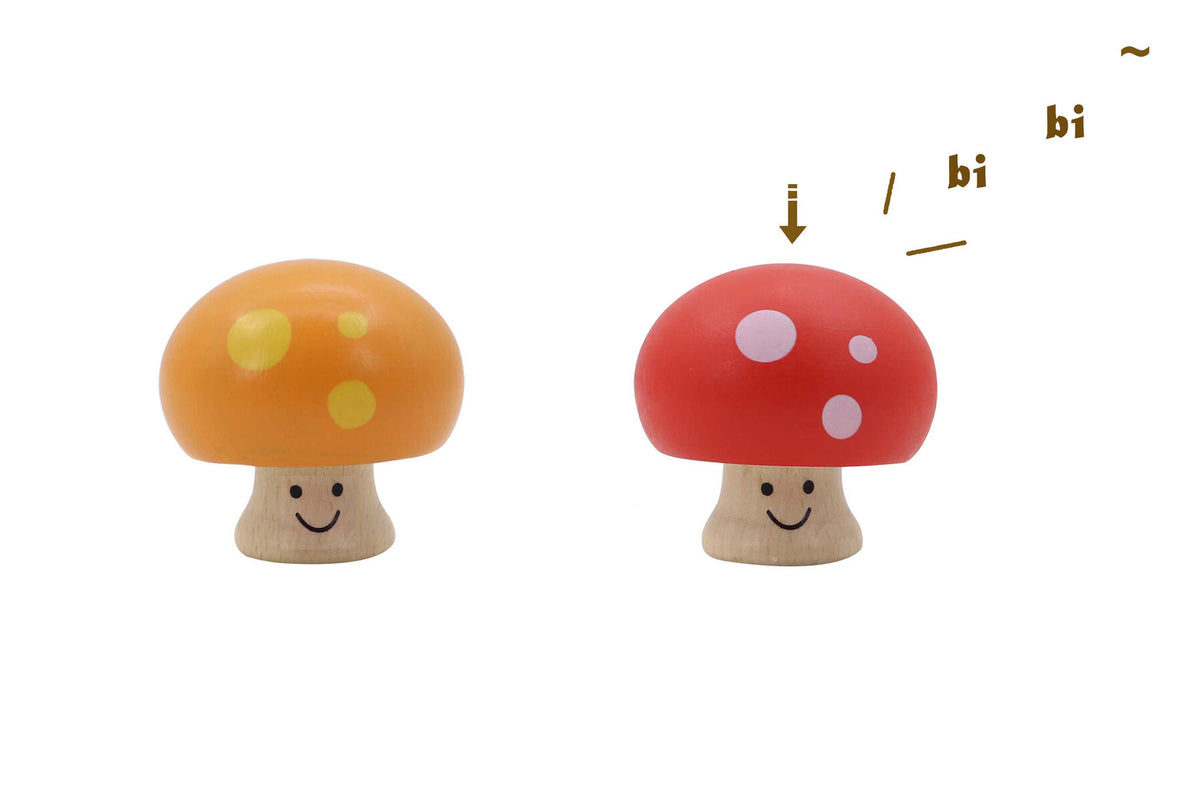 WOODEN SQUEAKY SMILEY FACE MUSHROOM SET OF 2