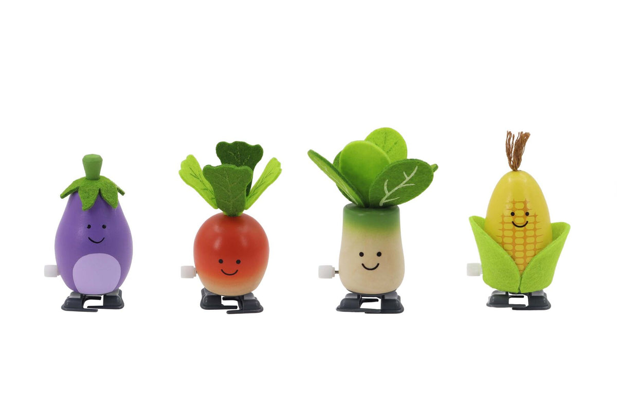 WOODEN WIND UP WALKING VEGGIE SET OF 4