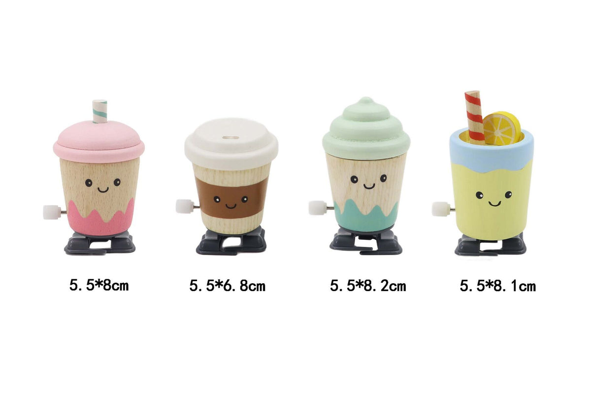 WOODEN WIND UP WALKING DRINK SET OF 4
