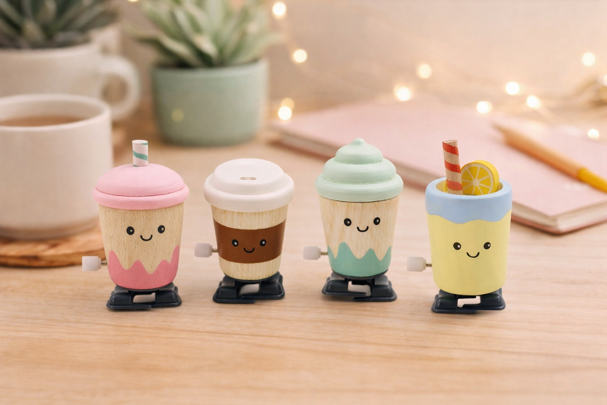 WOODEN WIND UP WALKING DRINK SET OF 4