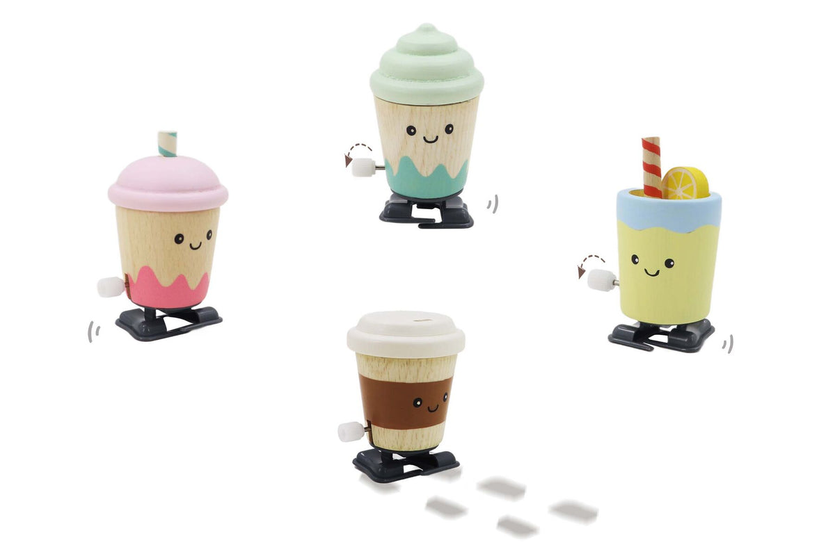 WOODEN WIND UP WALKING DRINK SET OF 4