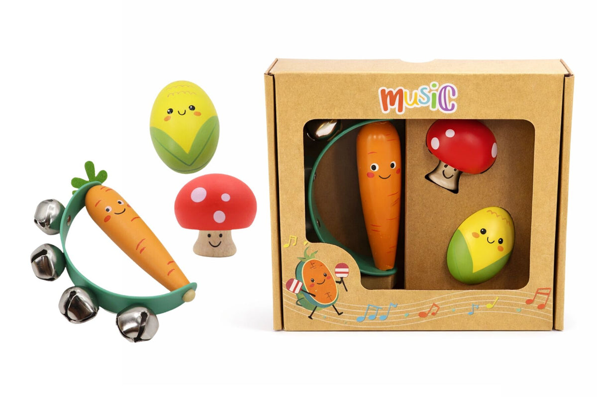WOODEN VEGGIE 3PCS MUSICAL SET CARROT MUSHROOM & CORN