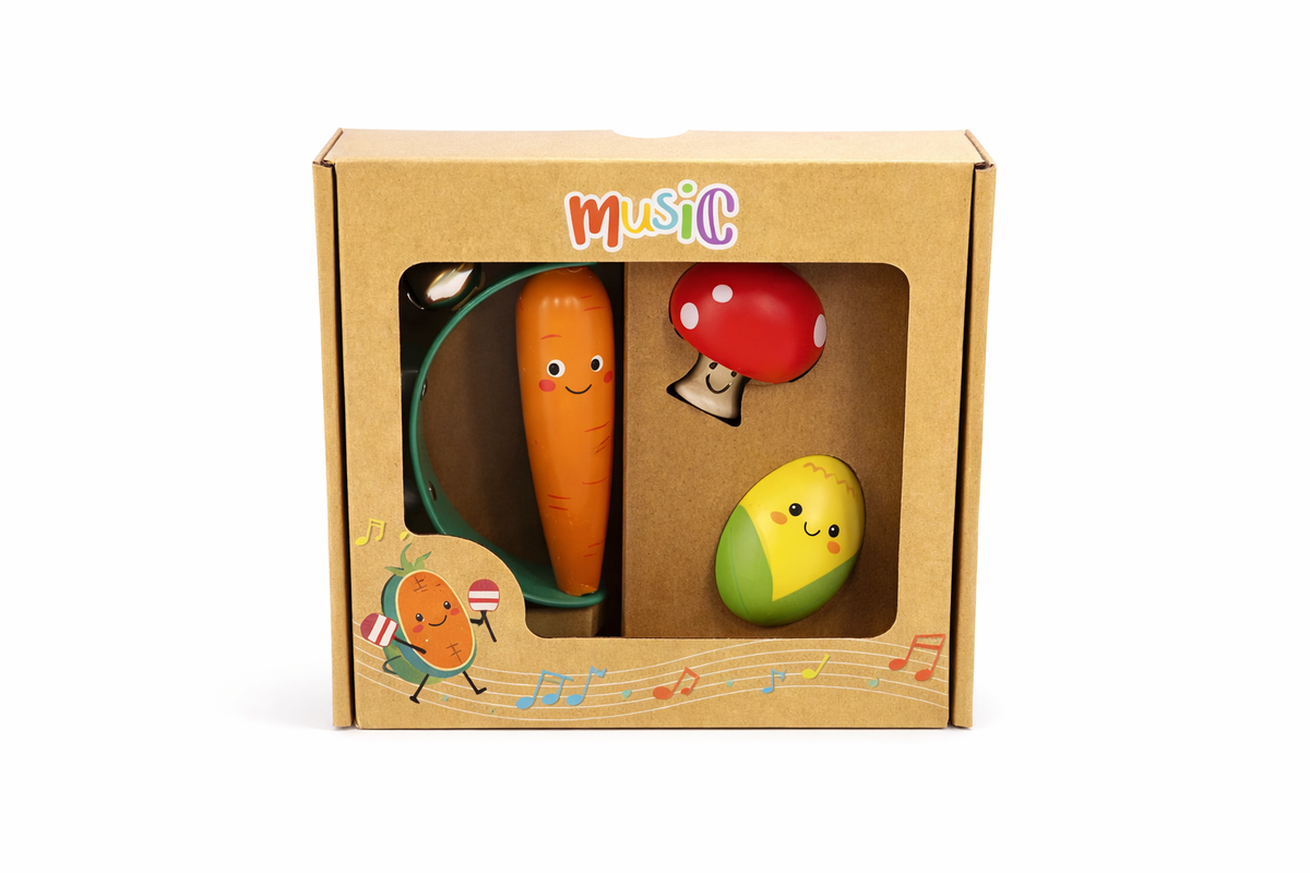 WOODEN VEGGIE 3PCS MUSICAL SET CARROT MUSHROOM & CORN