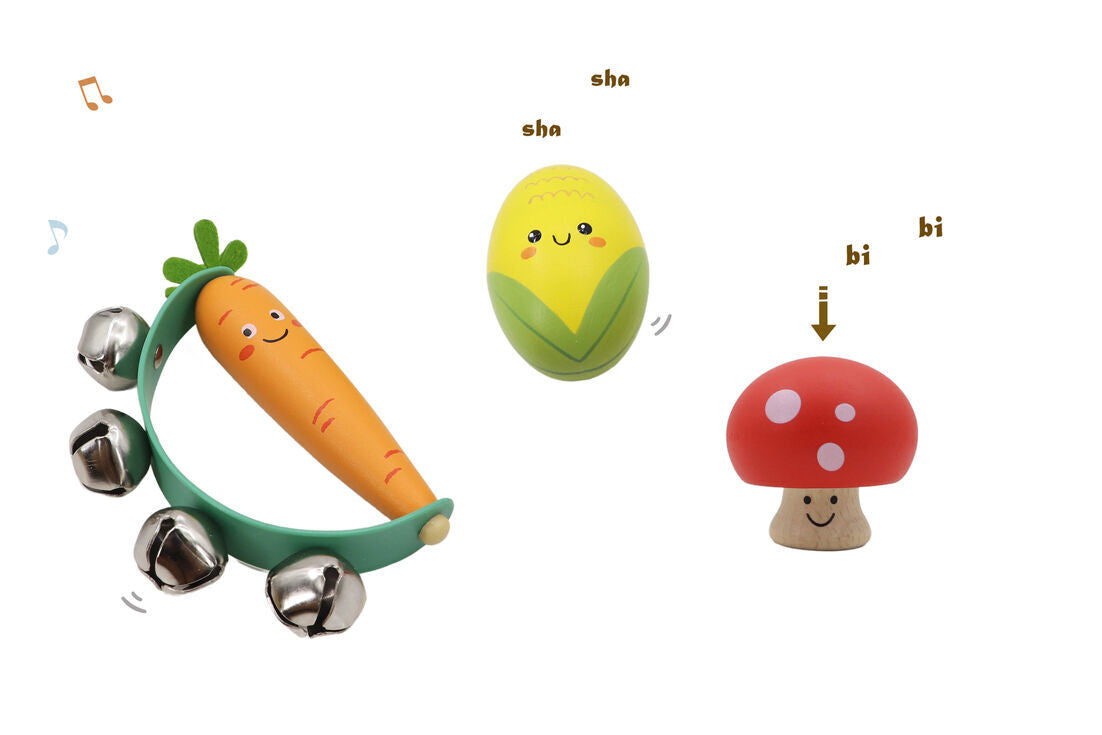 WOODEN VEGGIE 3PCS MUSICAL SET CARROT MUSHROOM & CORN