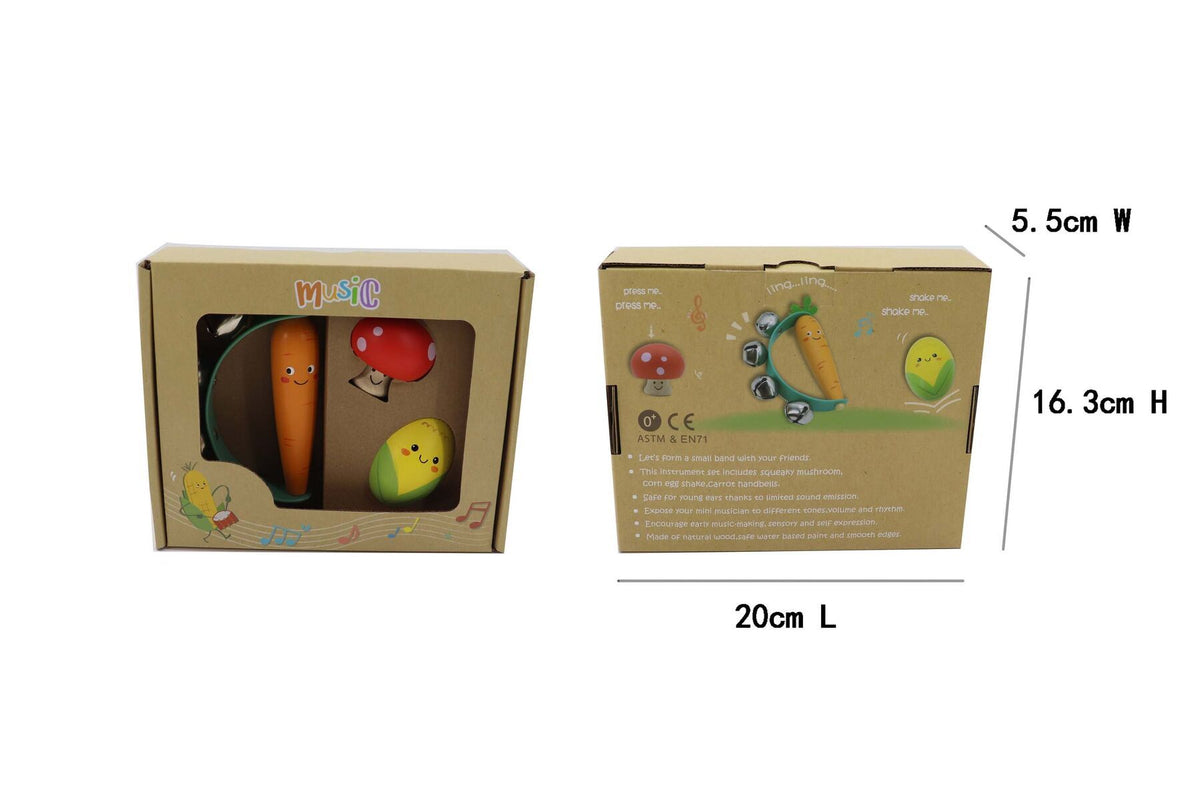 WOODEN VEGGIE 3PCS MUSICAL SET CARROT MUSHROOM & CORN
