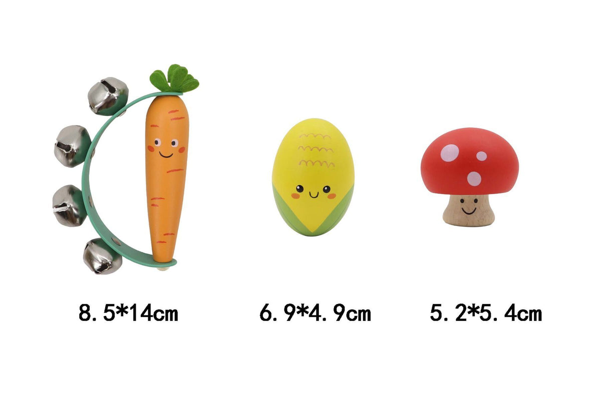 WOODEN VEGGIE 3PCS MUSICAL SET CARROT MUSHROOM & CORN
