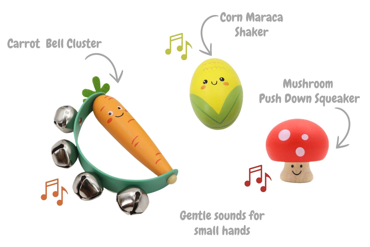 WOODEN VEGGIE 3PCS MUSICAL SET CARROT MUSHROOM & CORN
