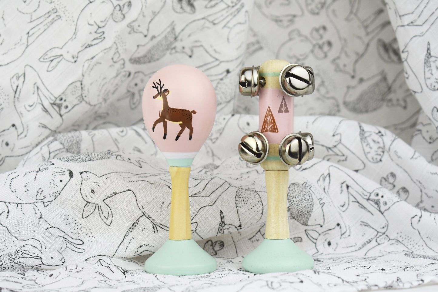 CALM & BREEZY DEER WOODEN MARACA & BELL STICK SET