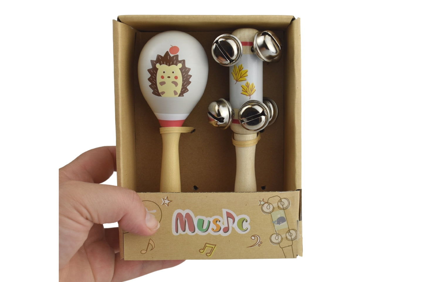 CALM & BREEZY HEDGEHOG WOODEN MARACA & BELL STICK SET