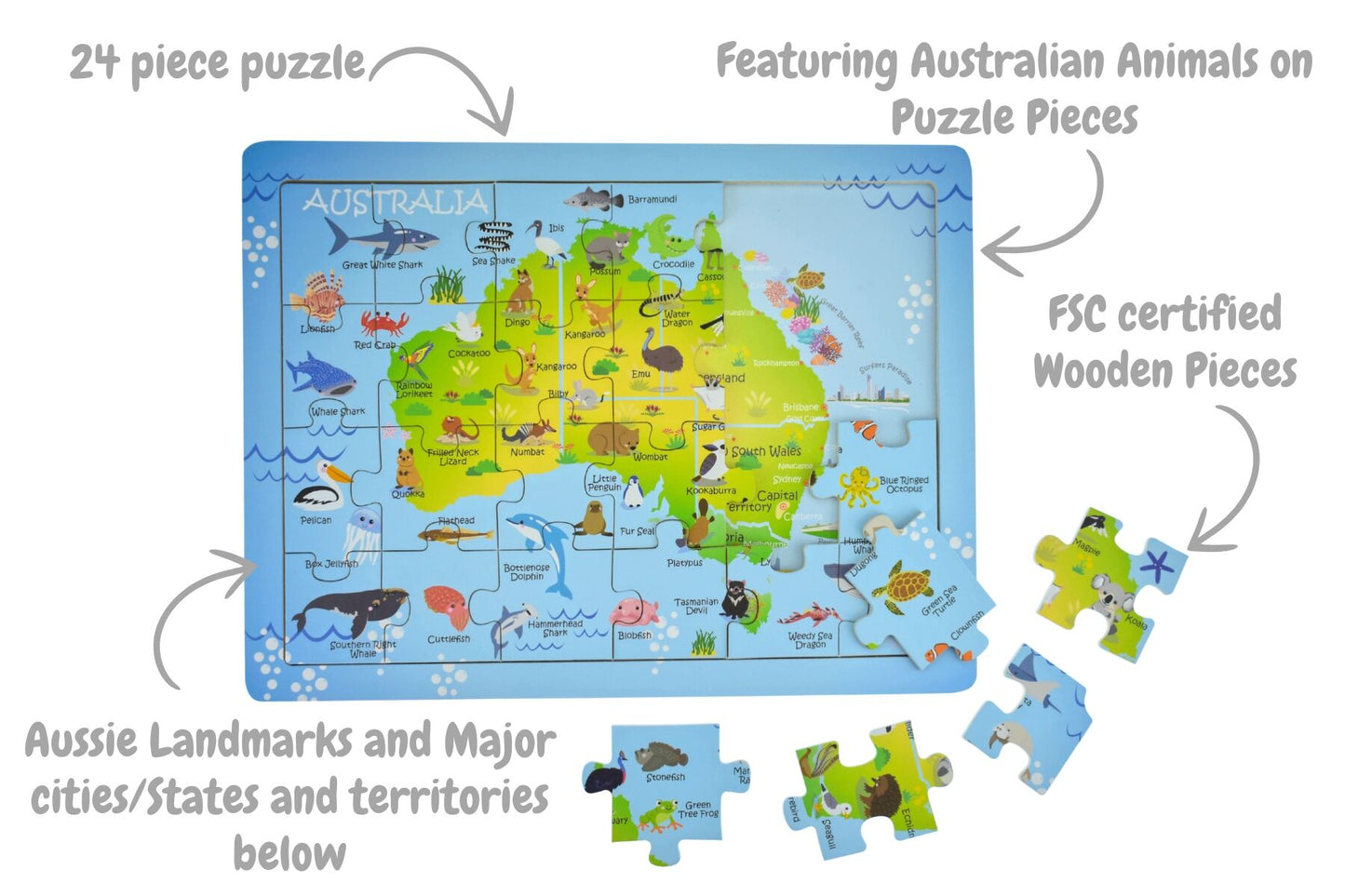 24PC JIGSAW PUZZLE AUSTRALIAN MAP AUSSIE ANIMAL AND LANDMARK