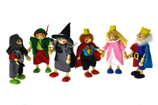 PRICE FOR 6 ASSORTED WOODEN FLEXI DOLL- FAIRYTALE STORY FIGURINES