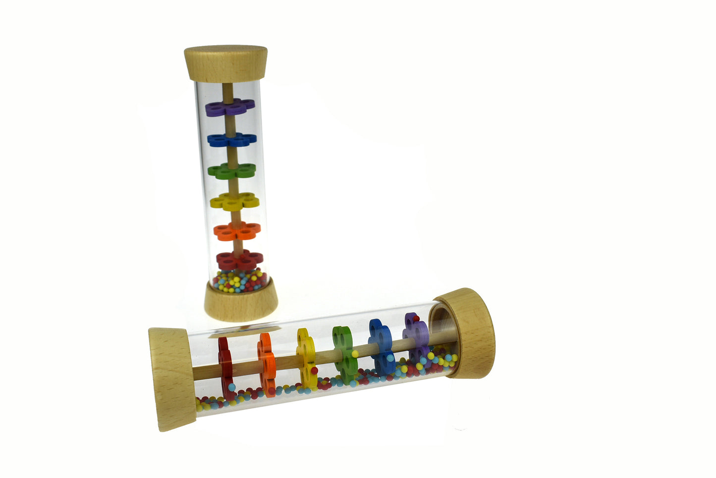 PRICE FOR ONE WOODEN RAINMAKER RATTLE IN CLEAR TUBE