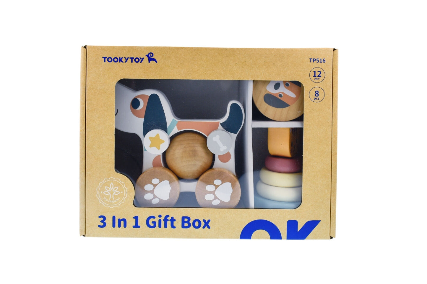 3 IN 1 WOODEN BABY RATTLE GIFT SET - CAT & PUPPY DOG