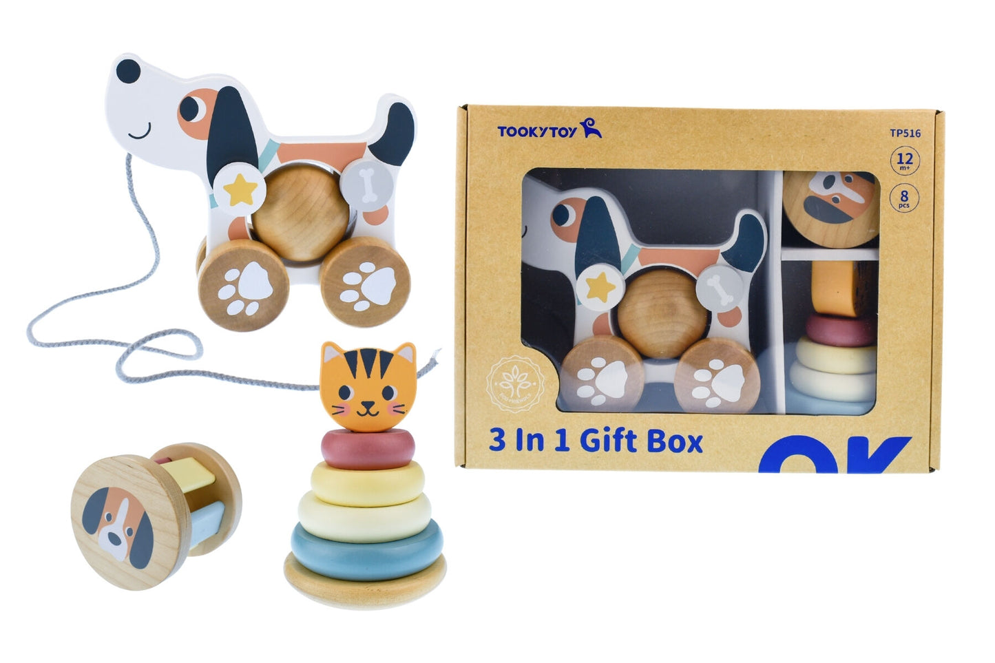3 IN 1 WOODEN BABY RATTLE GIFT SET - CAT & PUPPY DOG
