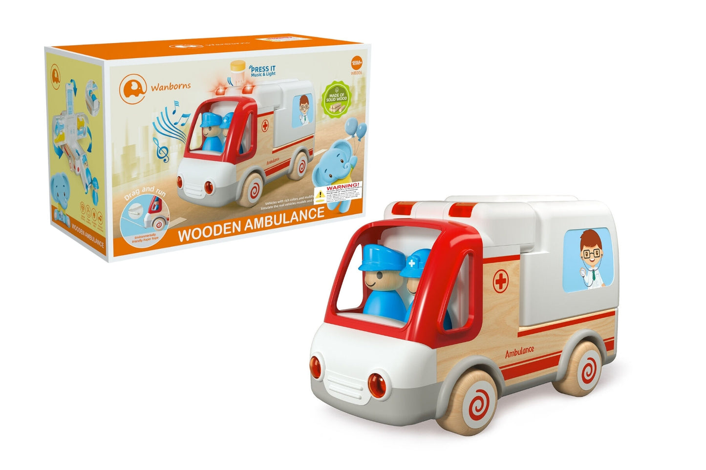 WOODEN AMBULANCE AND ACCESSORIES WITH SOUND AND LIGHT