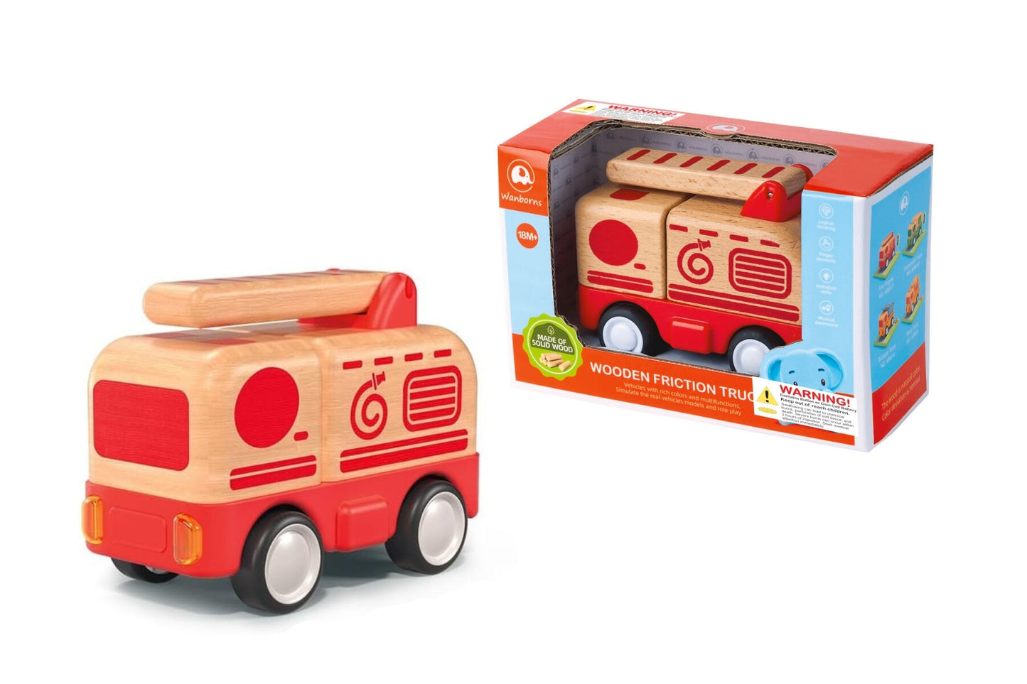 WOODEN FRICTION TRUCK FIRE ENGINE WITH SOUND AND LIGHT