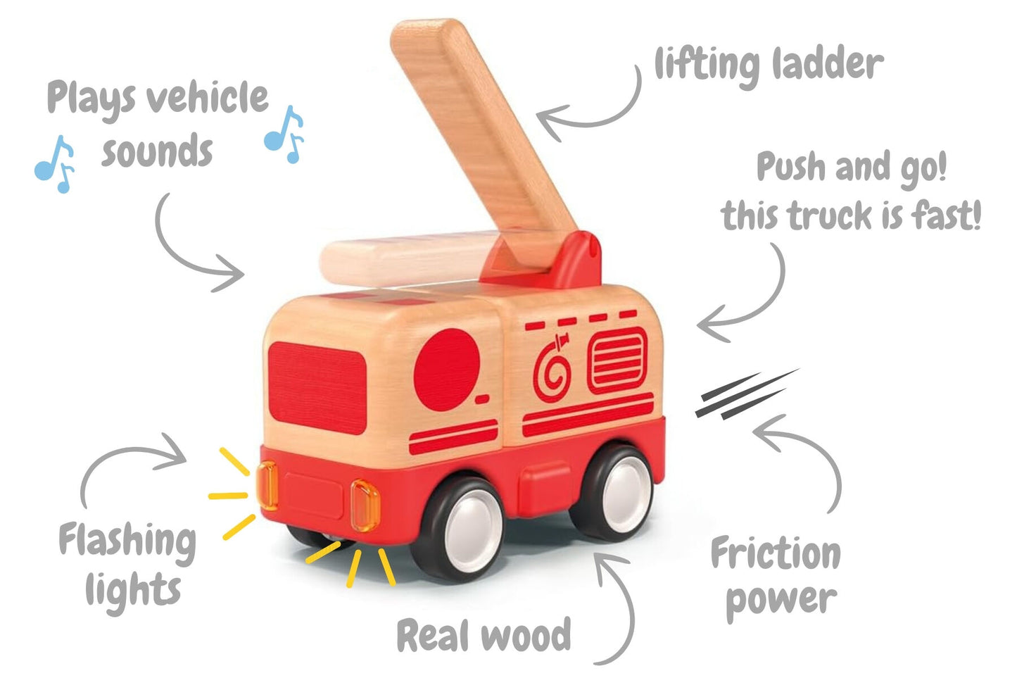 WOODEN FRICTION TRUCK FIRE ENGINE WITH SOUND AND LIGHT
