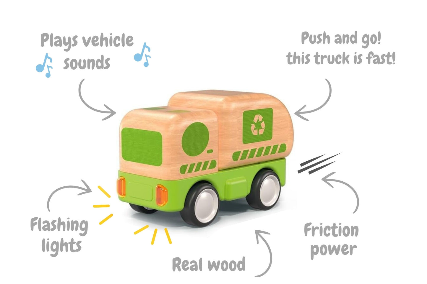 WOODEN FRICTION TRUCK RECYCLING WITH SOUND AND LIGHT