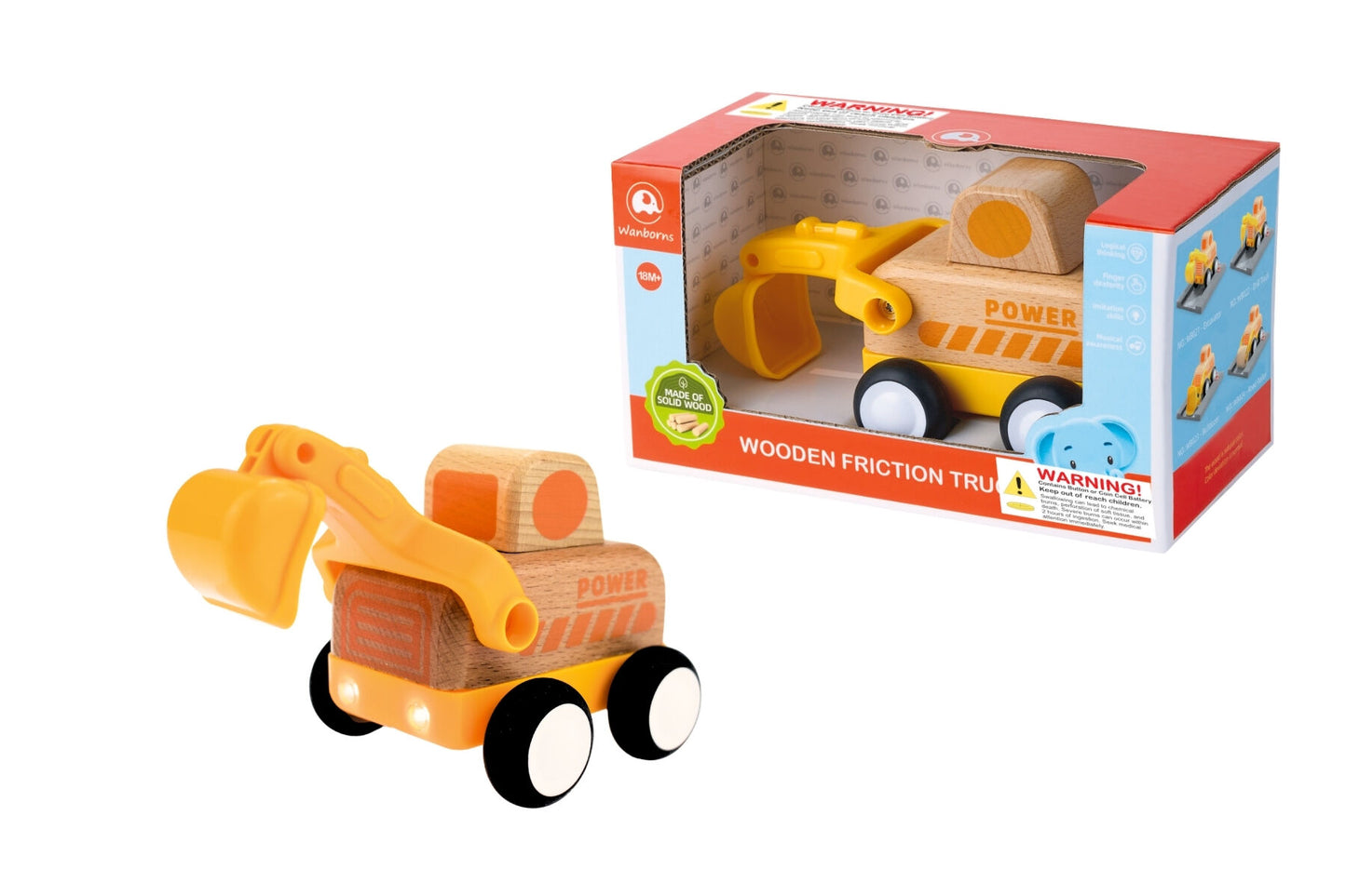 WOODEN FRICTION TRUCK DIGGER WITH SOUND AND LIGHT