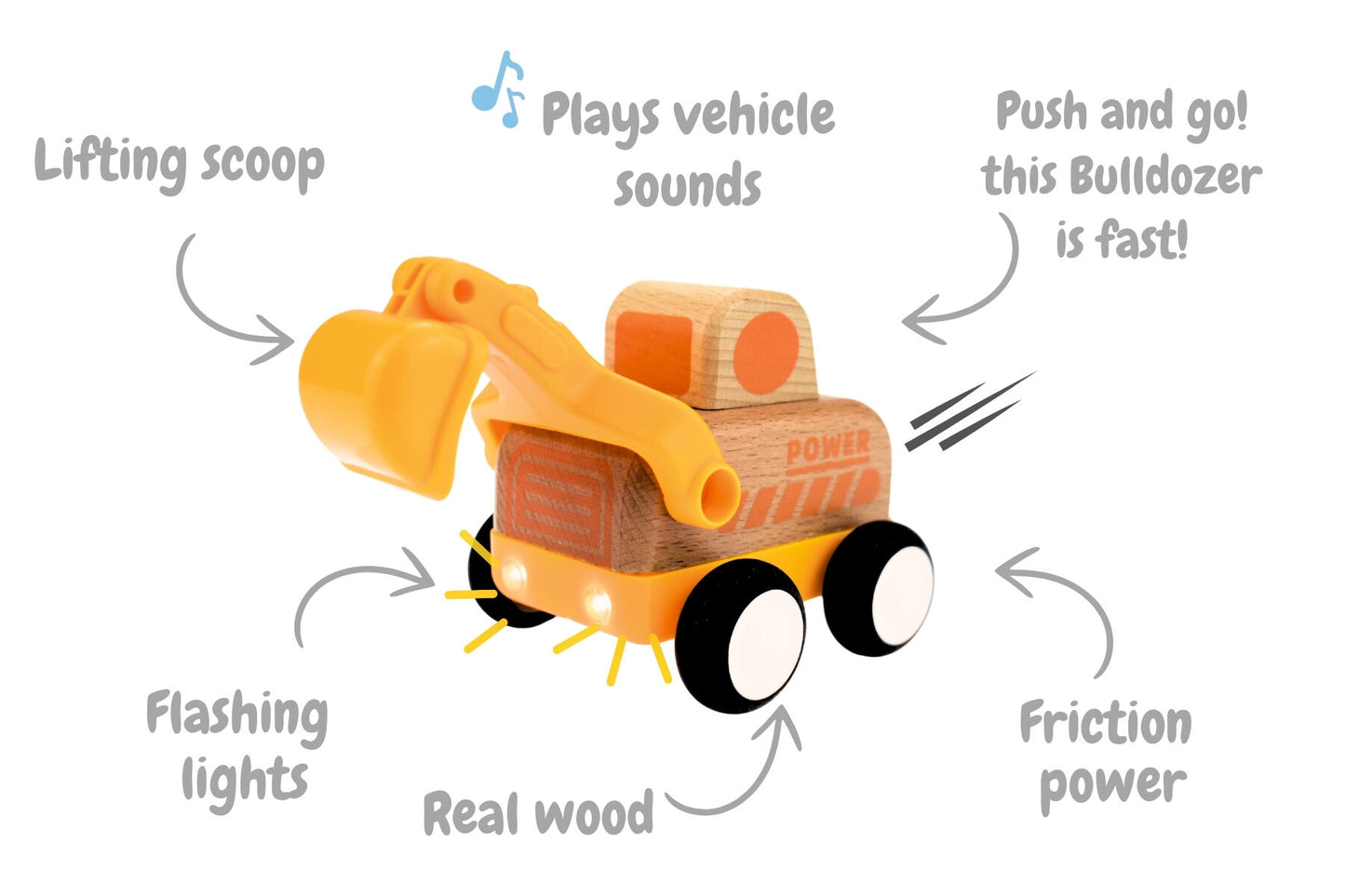 WOODEN FRICTION TRUCK DIGGER WITH SOUND AND LIGHT