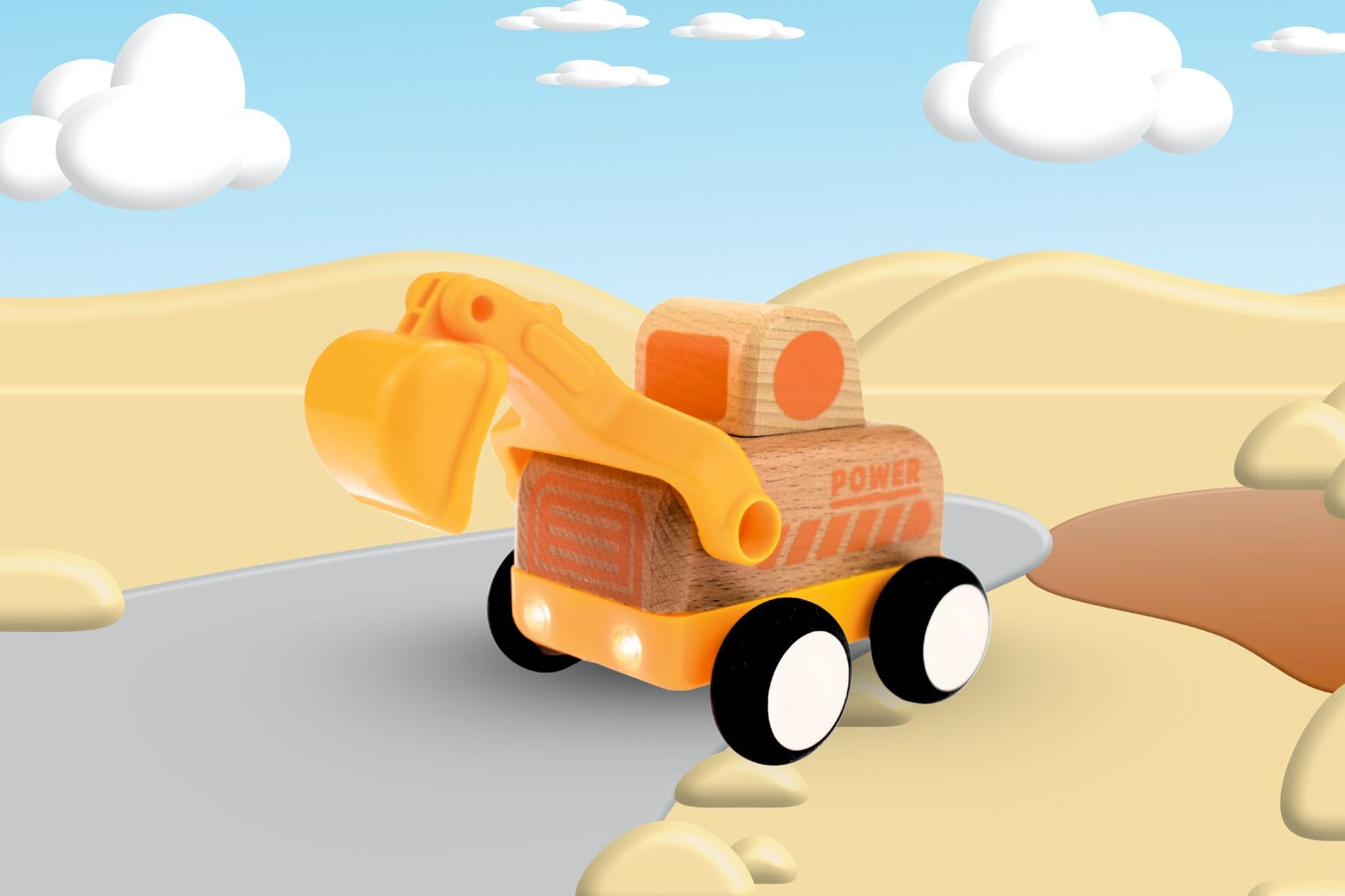 WOODEN FRICTION TRUCK DIGGER WITH SOUND AND LIGHT