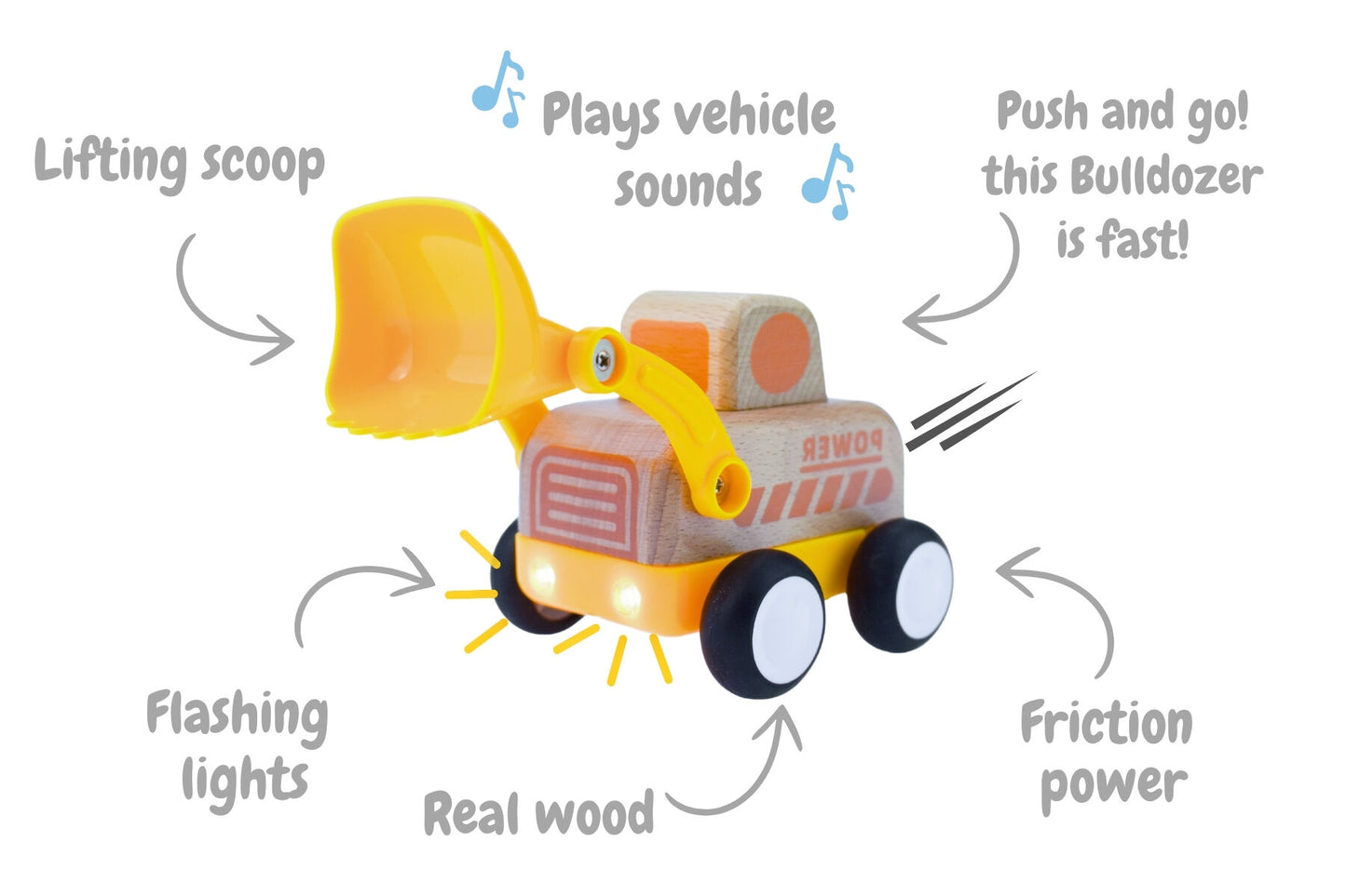 WOODEN FRICTION TRUCK BULLDOZER WITH SOUND AND LIGHT