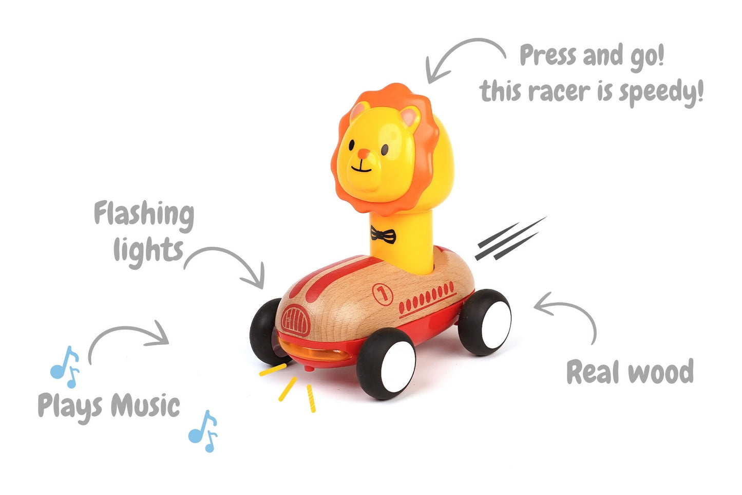WOODEN PRESS GO RACER LION WITH SOUND AND LIGHT