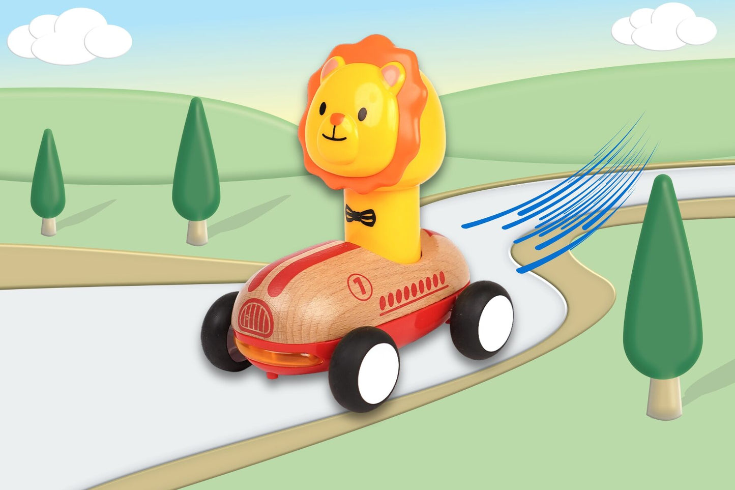 WOODEN PRESS GO RACER LION WITH SOUND AND LIGHT
