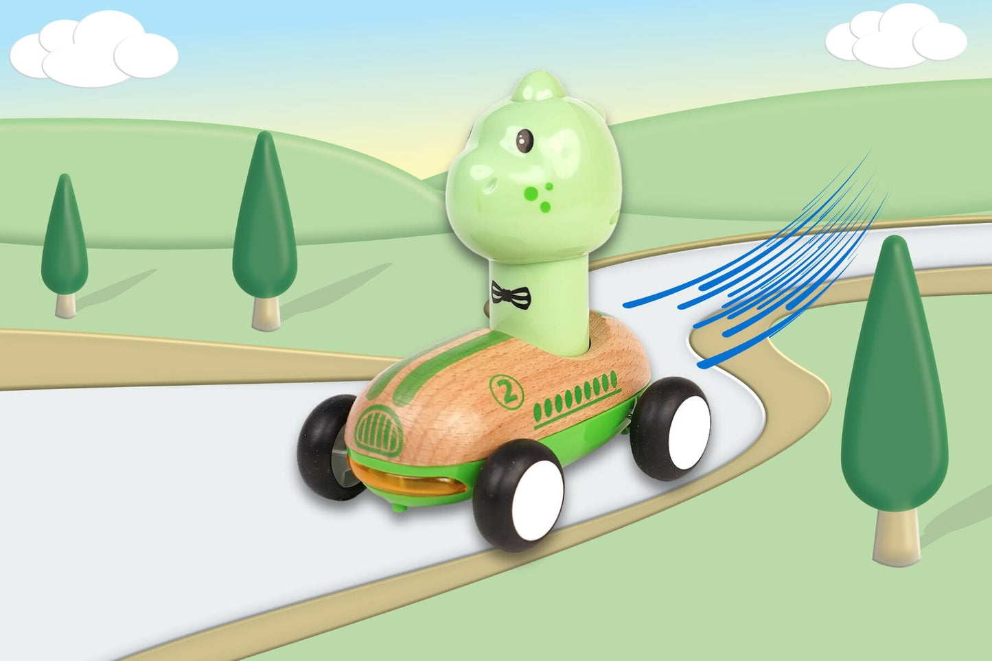 WOODEN PRESS GO RACER DINOSAUR WITH SOUND AND LIGHT