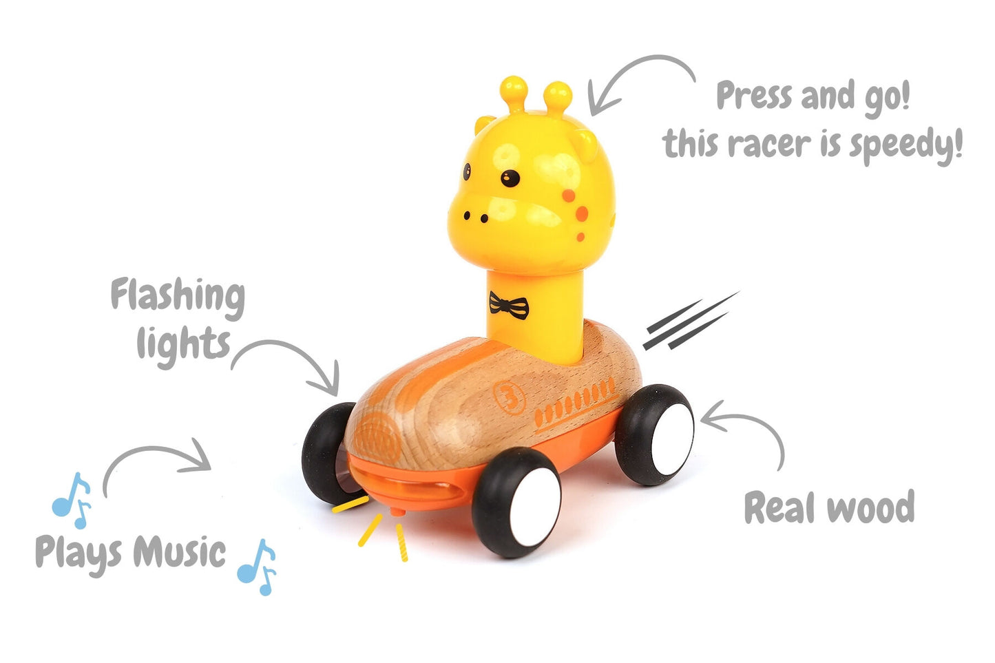 WOODEN PRESS GO RACER GIRAFFE WITH SOUND AND LIGHT
