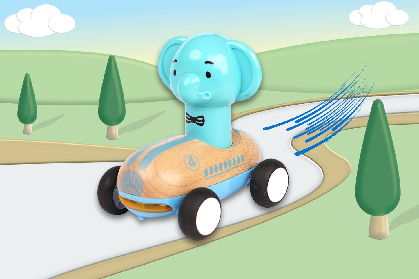 WOODEN PRESS GO RACER ELEPHANT WITH SOUND AND LIGHT