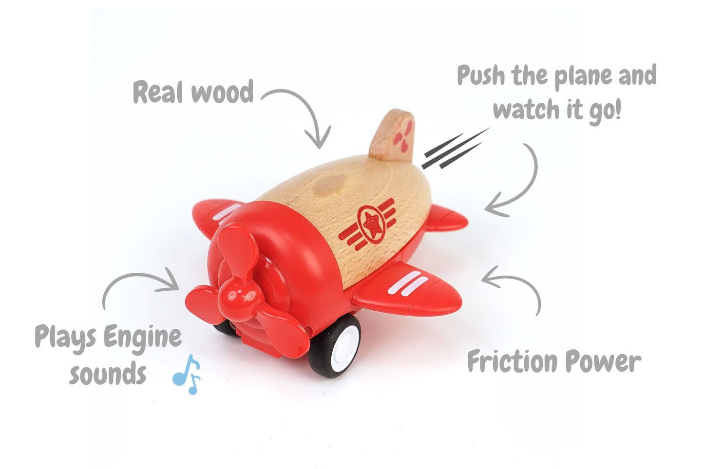 WOODEN RACER PLANE PROPELLOR WITH SOUND- RED